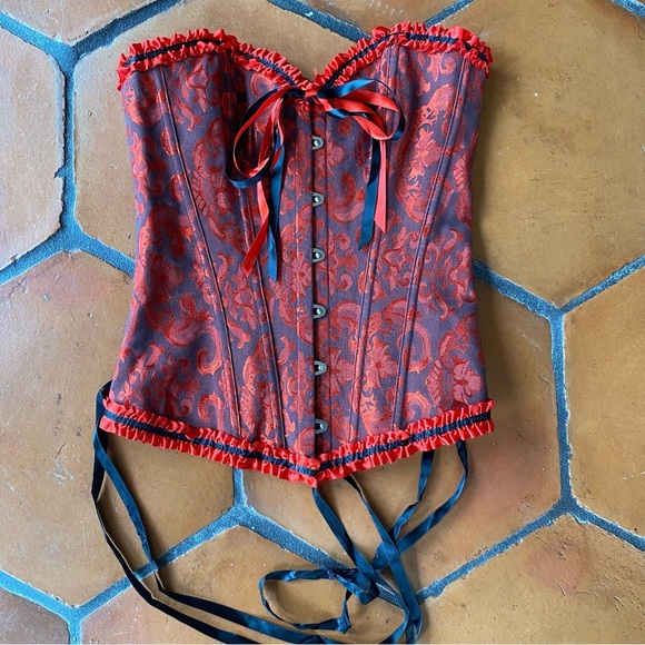 Women’s Lace Up Boned Overbust Victorian Corset Gothic Bustier Jacquard Floral S - Picture 1 of 5